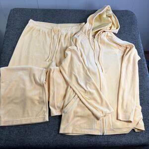 2 piece Chicos yellow velour track suit pants size 1 Med jacket size 0 Small